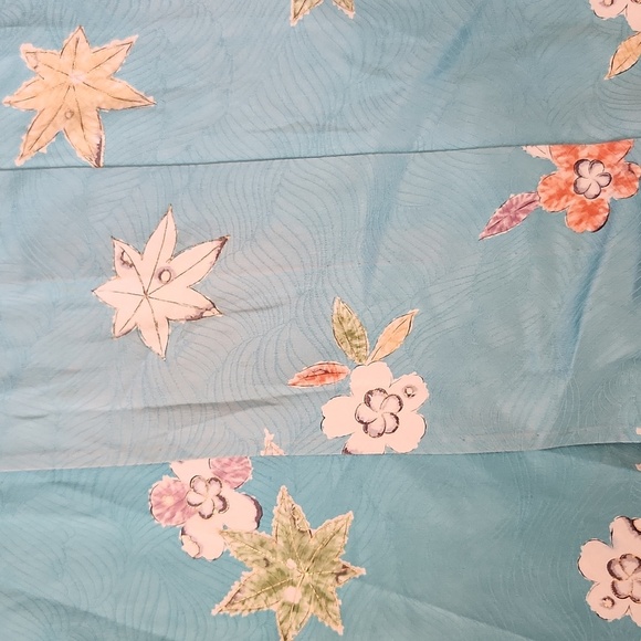 Vintage Japanese Kimono Turquoise Botanical Leaves Blue - Picture 4 of 11